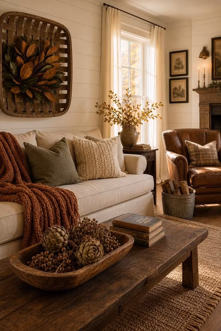 Simple Spaces 16 Warm farmhouse living room styled for fall with a chunky knit throw, tobacco basket with magnolia leaves, dried artichokes in a wooden trencher, and stacked firewood in a galvanized tub in golden afternoon light