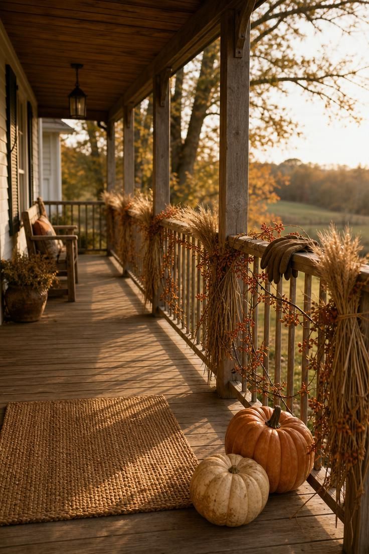11 Cozy Rustic Fall Porch Ideas for a Warm Welcome 1 A wooden porch railing wrapped in dried wheat and bittersweet vine with pumpkins at its base in warm afternoon light.