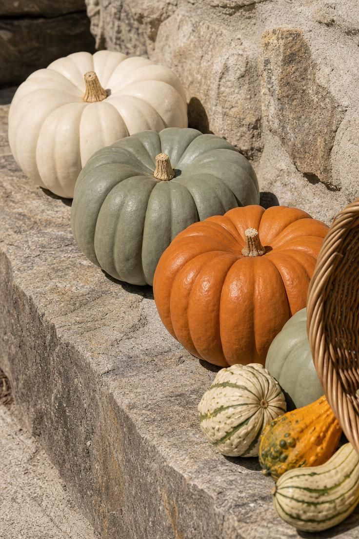 11 Cozy Rustic Fall Porch Ideas for a Warm Welcome 3 A row of ribbed heirloom pumpkins in mixed colors lined along a stone porch step in bright midday light.