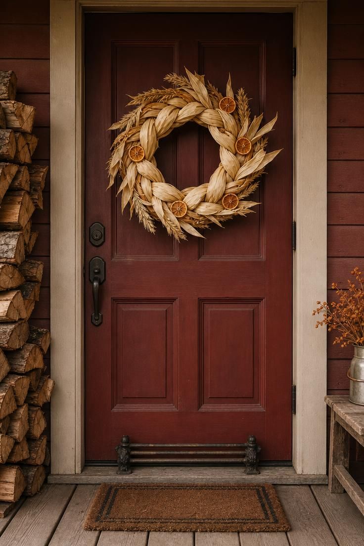 11 Cozy Rustic Fall Porch Ideas for a Warm Welcome 4 A braided corn husk wreath with dried orange slices hanging on a barn-red front door in soft diffused light.
