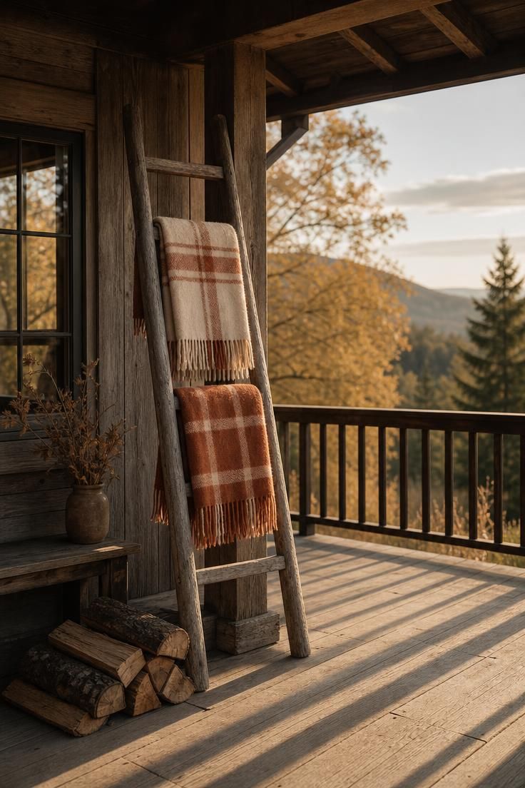 11 Cozy Rustic Fall Porch Ideas for a Warm Welcome 6 A weathered wooden ladder draped with plaid wool blankets leaning against a porch post in warm golden light.