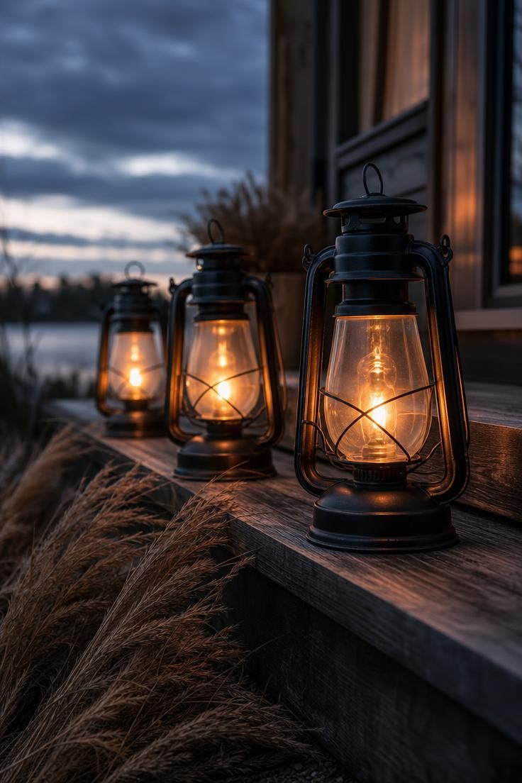 11 Cozy Rustic Fall Porch Ideas for a Warm Welcome 7 Three glass hurricane lanterns glowing along wooden porch steps in cool dusk light.