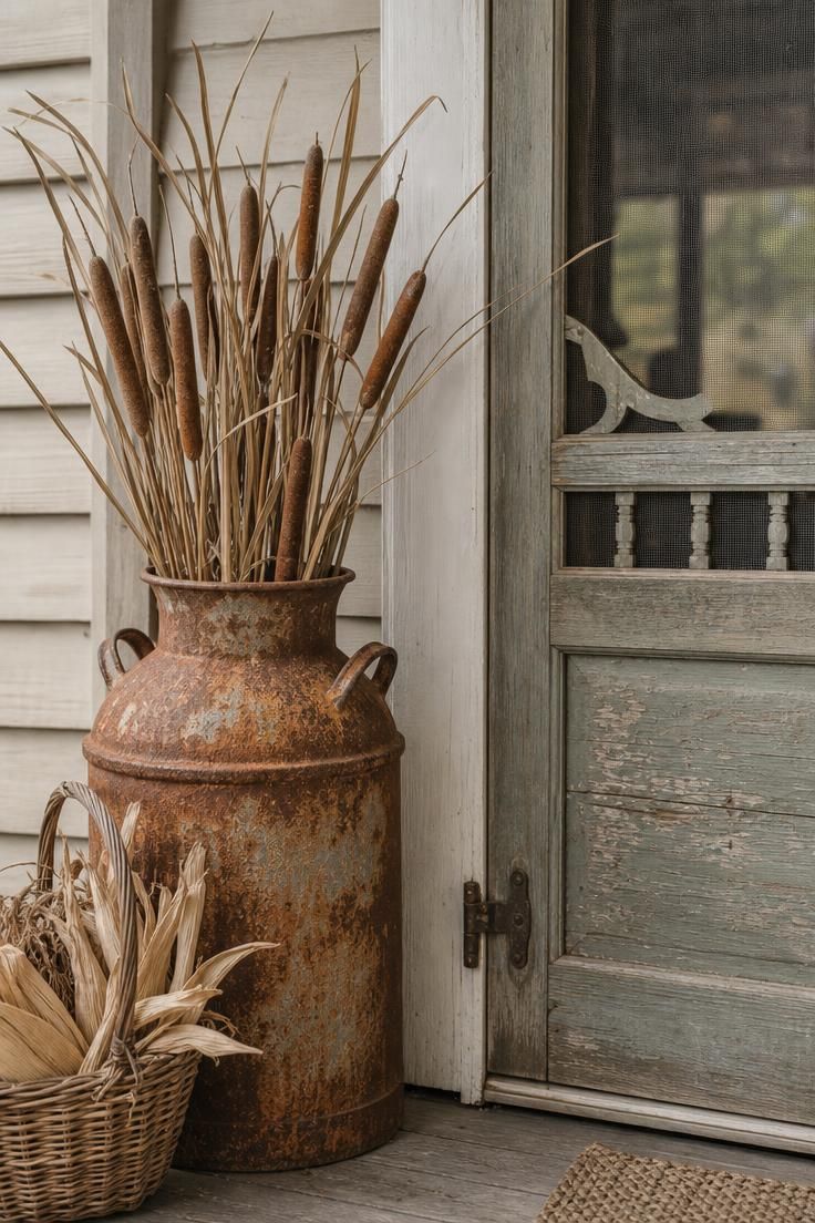 11 Cozy Rustic Fall Porch Ideas for a Warm Welcome 9 A rusted milk can filled with dried cattails beside a weathered screen door with a basket of dried corn stalks nearby.