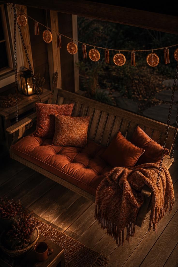 11 Cozy Rustic Fall Porch Ideas for a Warm Welcome 10 A porch swing with a cinnamon stick and dried orange slice garland strung above it in warm low evening light.