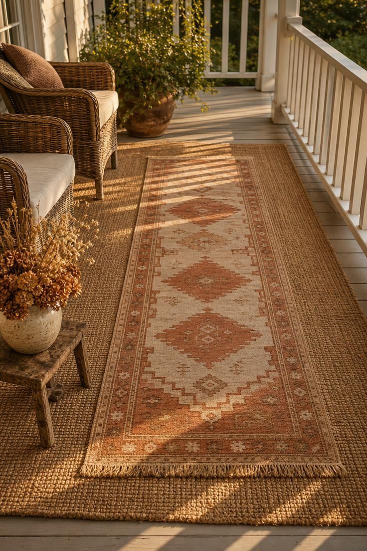 11 Cozy Rustic Fall Porch Ideas for a Warm Welcome 11 A seagrass rug layered with a faded kilim runner on a porch floor in warm golden afternoon light.