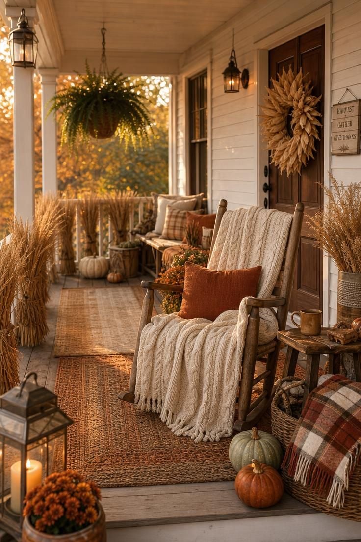 A fully styled rustic fall porch with a wrapped railing, layered rugs, a wreath, and warm golden light.