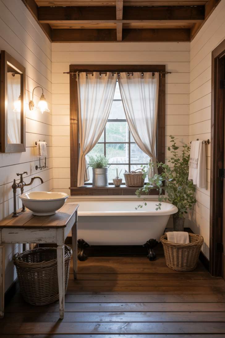A rustic farmhouse bathroom featuring white clawfoot tub with shiplap walls and wooden ceiling beams