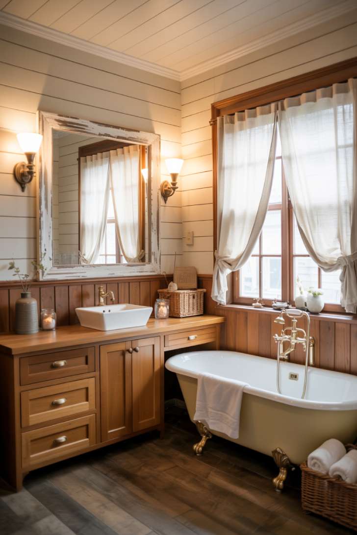 Farmhouse style bathroom featuring brushed brass hardware with shiplap paneling