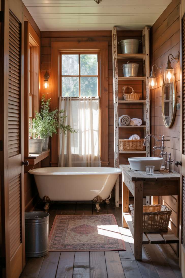 Country bathroom with white clawfoot bathtub positioned beneath large window