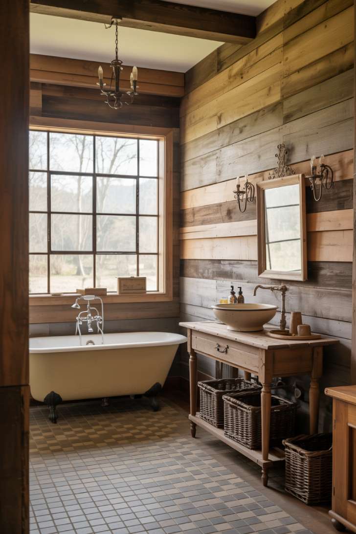 Rustic farmhouse bathroom with reclaimed wood plank walls in honey and gray tones
