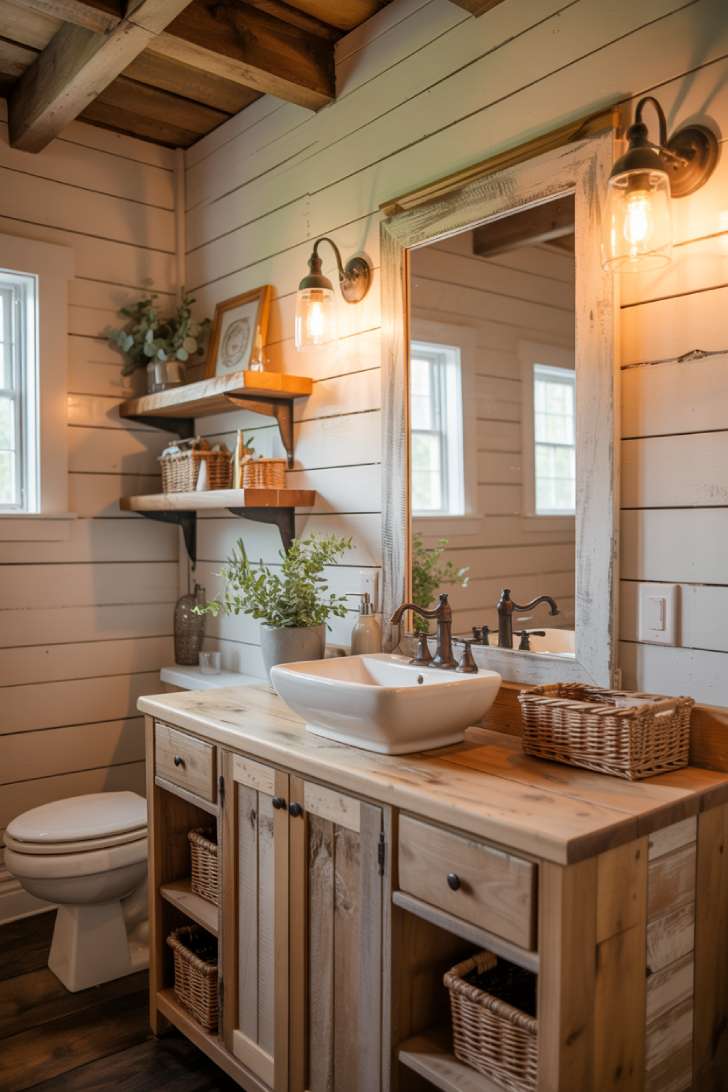 Farmhouse style bathroom with floating wooden shelves and amber lighting