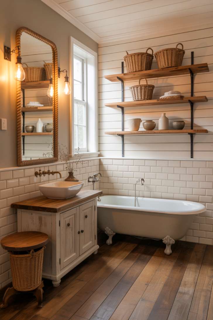 Country bathroom featuring frameless mirror with rope detailing above vanity
