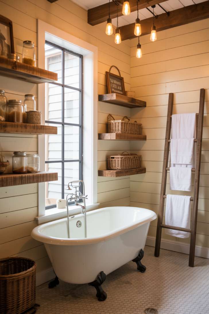 Rustic farmhouse bathroom with vintage wooden ladder holding towels