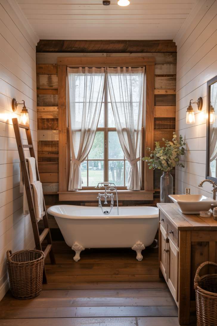 Farmhouse bathroom with weathered barn wood accent walls and white shiplap wainscoting