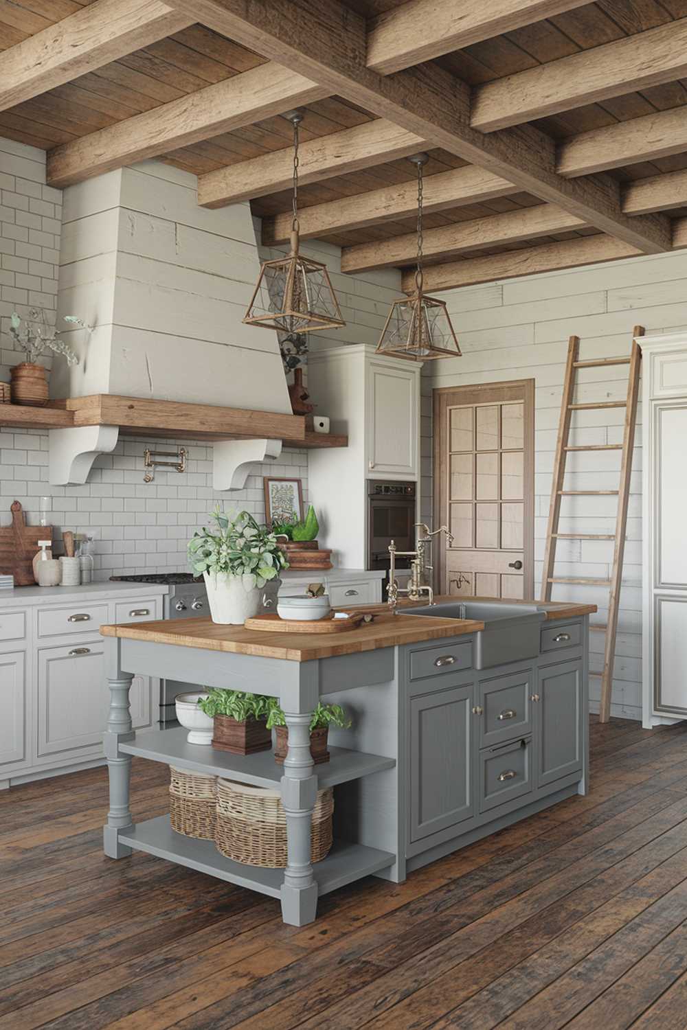 A rustic farmhouse kitchen design with a wooden beam ceiling, white cabinets, and a gray island. The island has a wooden top and features a sink and a few potted plants. There's a wooden ladder leaning against the wall, and a few decorative items are placed on the shelves. The floor is made of worn-out wooden planks.