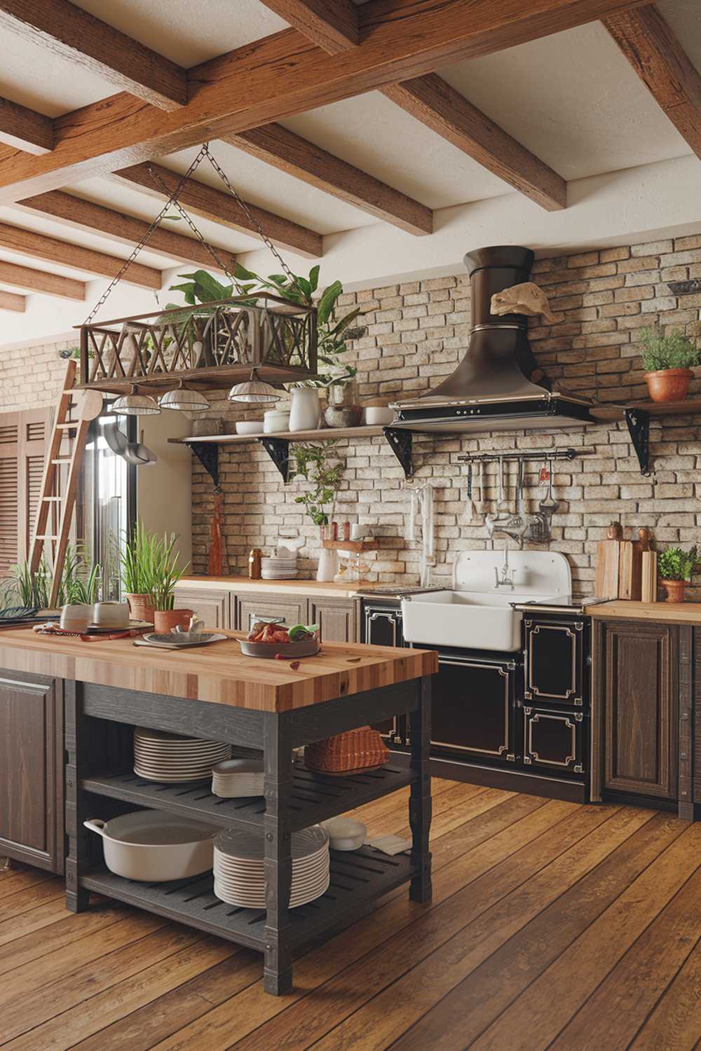 A rustic farmhouse kitchen design with a wooden beam ceiling, exposed brick walls, and a farmhouse sink. The kitchen features a large island with a butcher block countertop, a range hood, and a few potted plants. There is a wooden ladder leaning against the wall, and some cooking utensils are hanging above the sink. The floor is made of wooden planks.