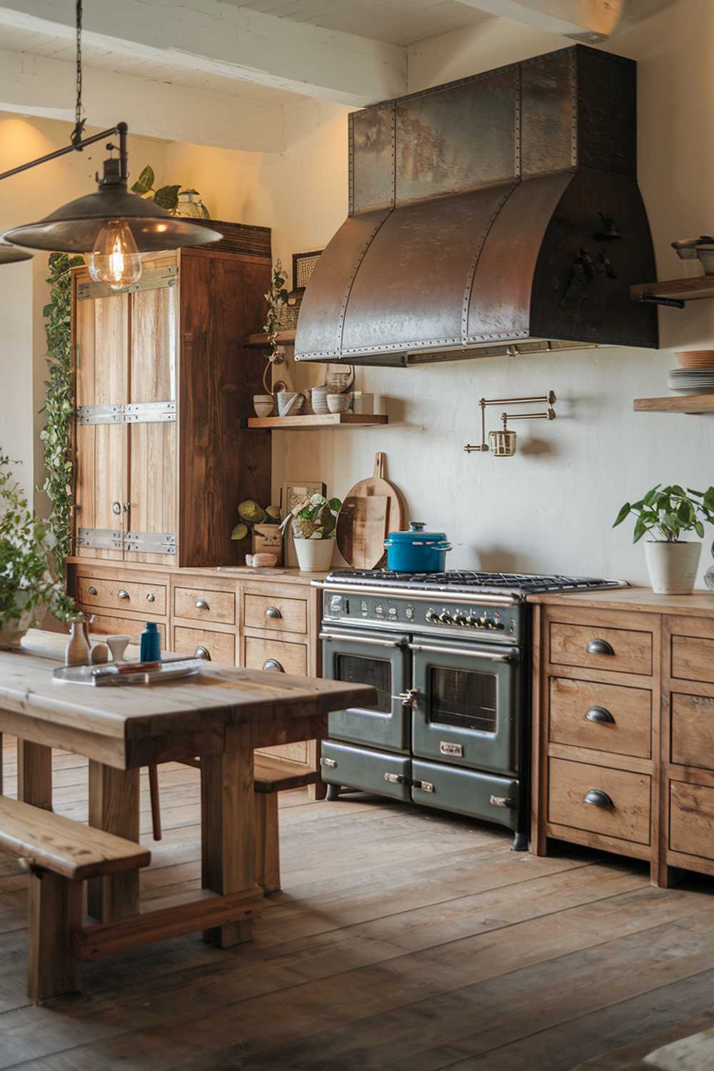 A rustic farmhouse kitchen design. There's a wooden table in the middle of the room with a few items on it. There are wooden cabinets along the wall, and a large, rustic range hood above the stove. The floor is made of wood. There are potted plants in the room. The lighting is warm.