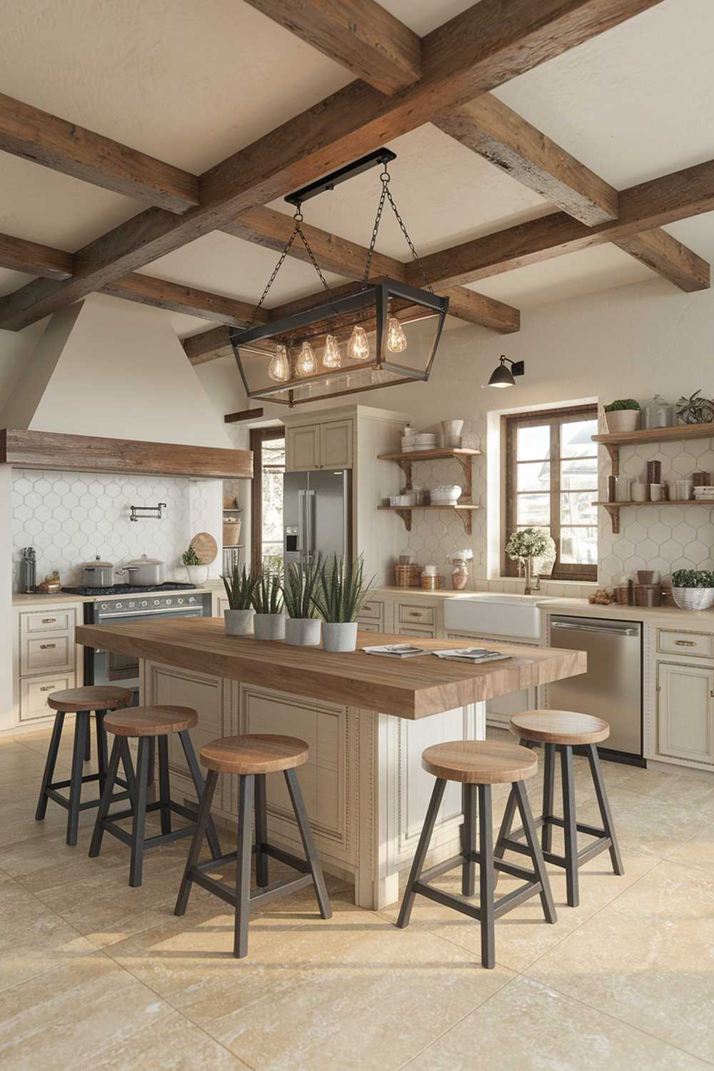 A rustic farmhouse kitchen design. The kitchen has a wooden beam ceiling, white walls, and beige countertops. There is a large wooden island in the middle of the kitchen with a wooden countertop and multiple stools. The island has a few potted plants. There are multiple appliances in the kitchen, including a stove, oven, refrigerator, and dishwasher. There are also multiple cabinets and shelves. The floor is made of beige tiles. The lighting is warm and inviting.