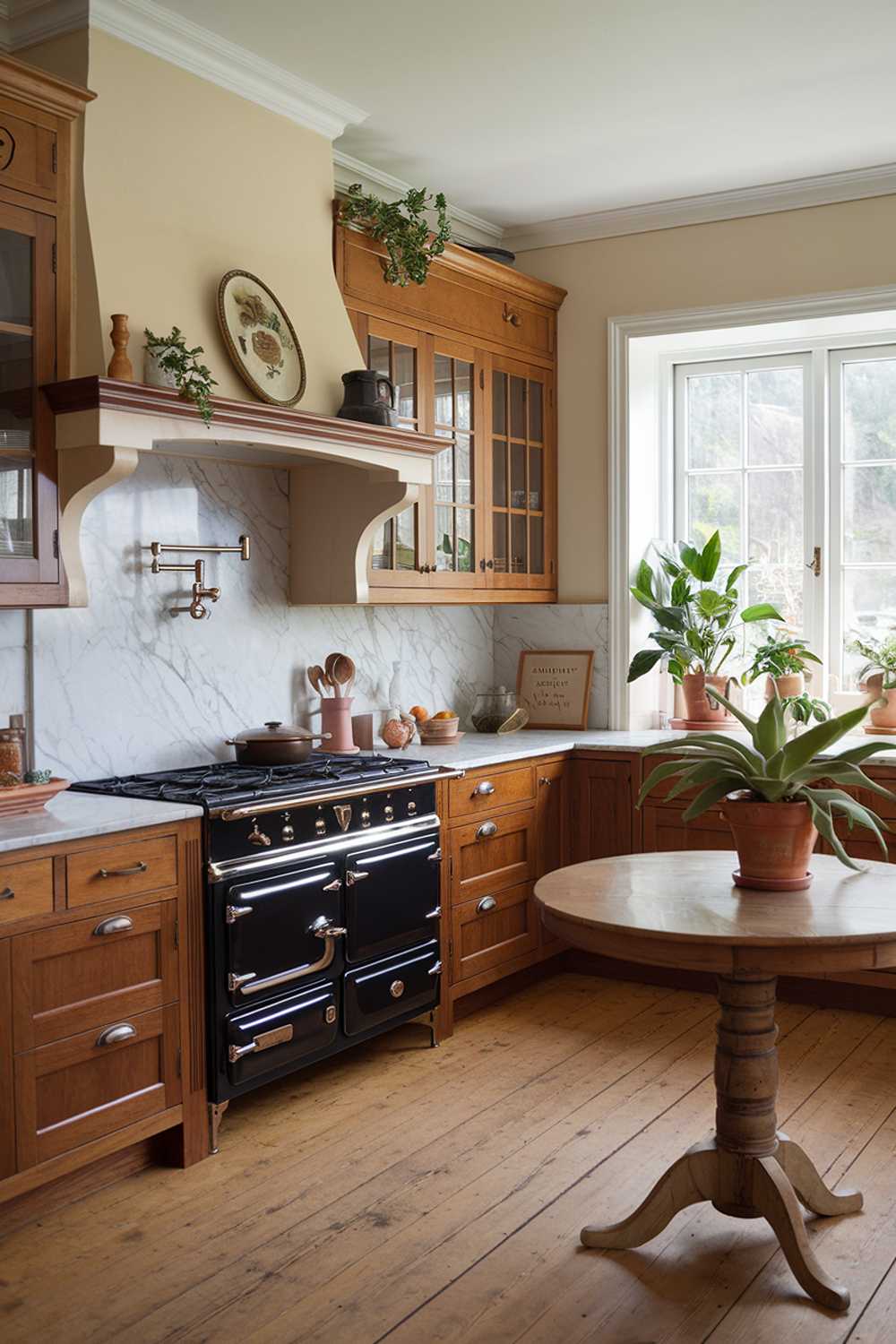 A rustic farmhouse kitchen design. The kitchen has wooden cabinets, a marble countertop, and a vintage stove. There is a wooden table in the corner with a potted plant. The floor is made of wood. There are potted plants near the window. The walls are painted beige.