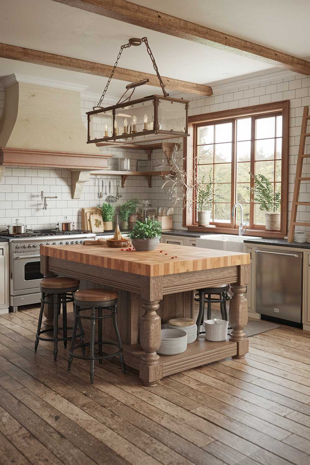 A rustic farmhouse kitchen design with a large wooden island. The island has a butcher block top and is surrounded by barstools. There's a range, a wall oven, and a dishwasher against the back wall. Above the range is a large, ornate light fixture. The floor is made of weathered wood planks. There are potted plants near the window. A wooden ladder leans against the wall.