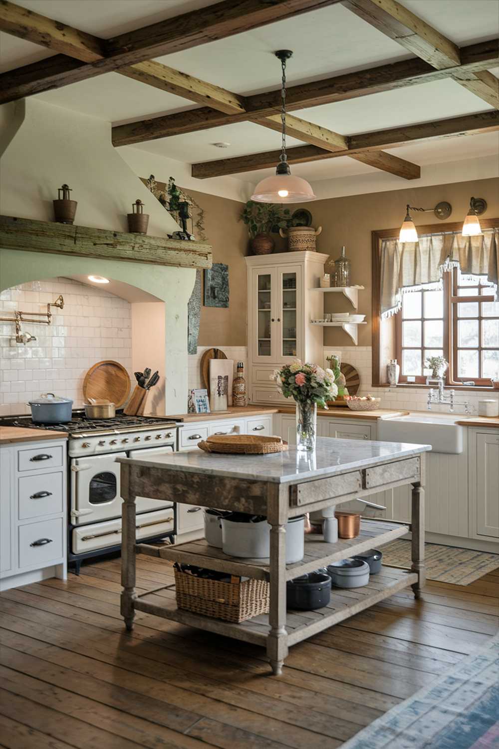 A rustic farmhouse kitchen design. The kitchen has a wooden beam ceiling, white cabinets, and a rustic island with a marble top. There is a vintage stove, a farmhouse sink, and a large window with a curtain. The floor is made of wooden planks. There are pots, a basket, and a vase with flowers on the island. The walls have a beige paint and some decorations. The lighting is warm.