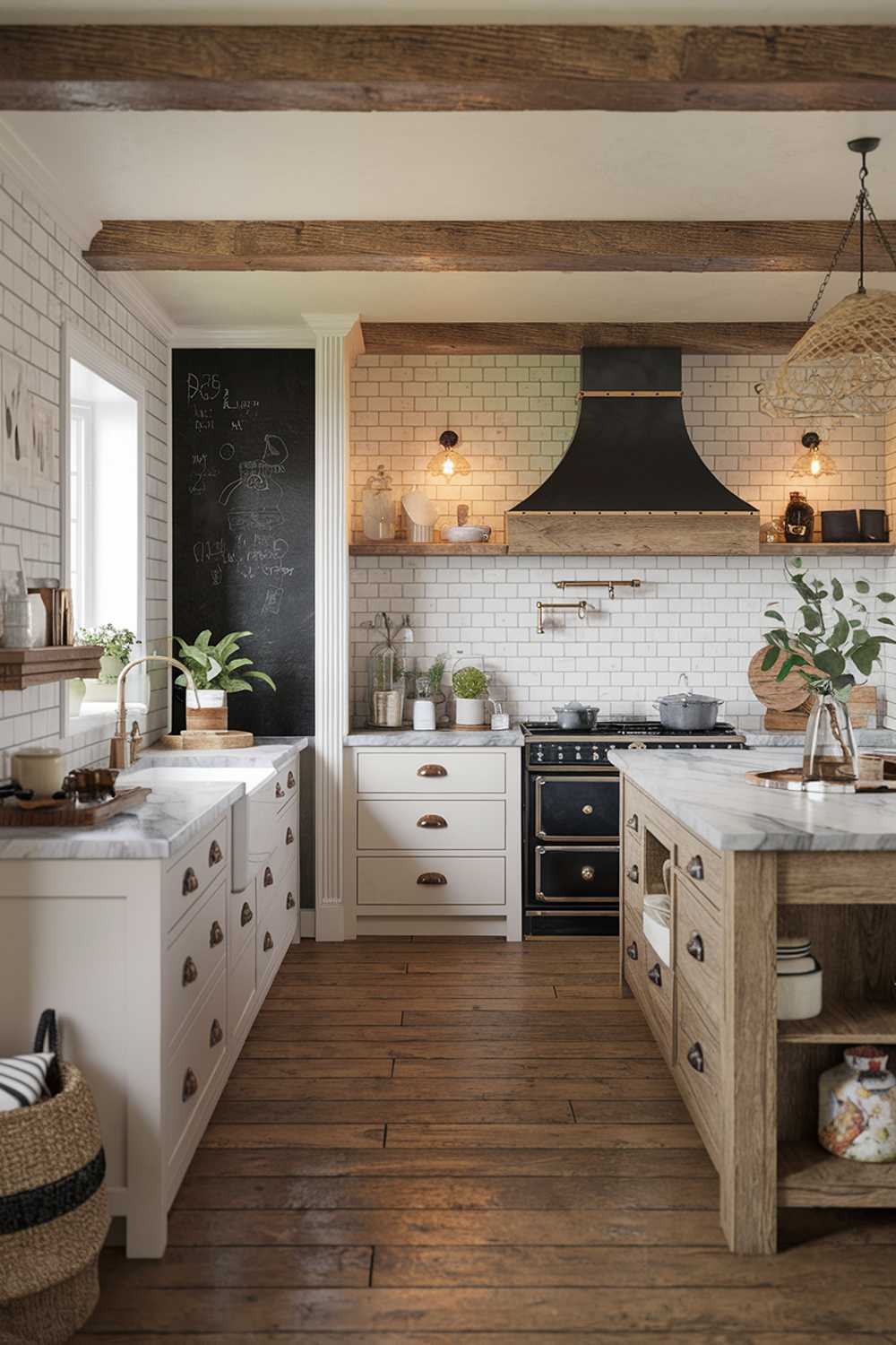 A rustic farmhouse kitchen design. The kitchen has a wooden beam ceiling, white cabinets with rustic knobs, a black range hood, and a large island with a marble countertop. There's a vintage oven and a chalkboard wall. The floor is made of wooden planks. There are potted plants and a woven basket. The lighting is warm.