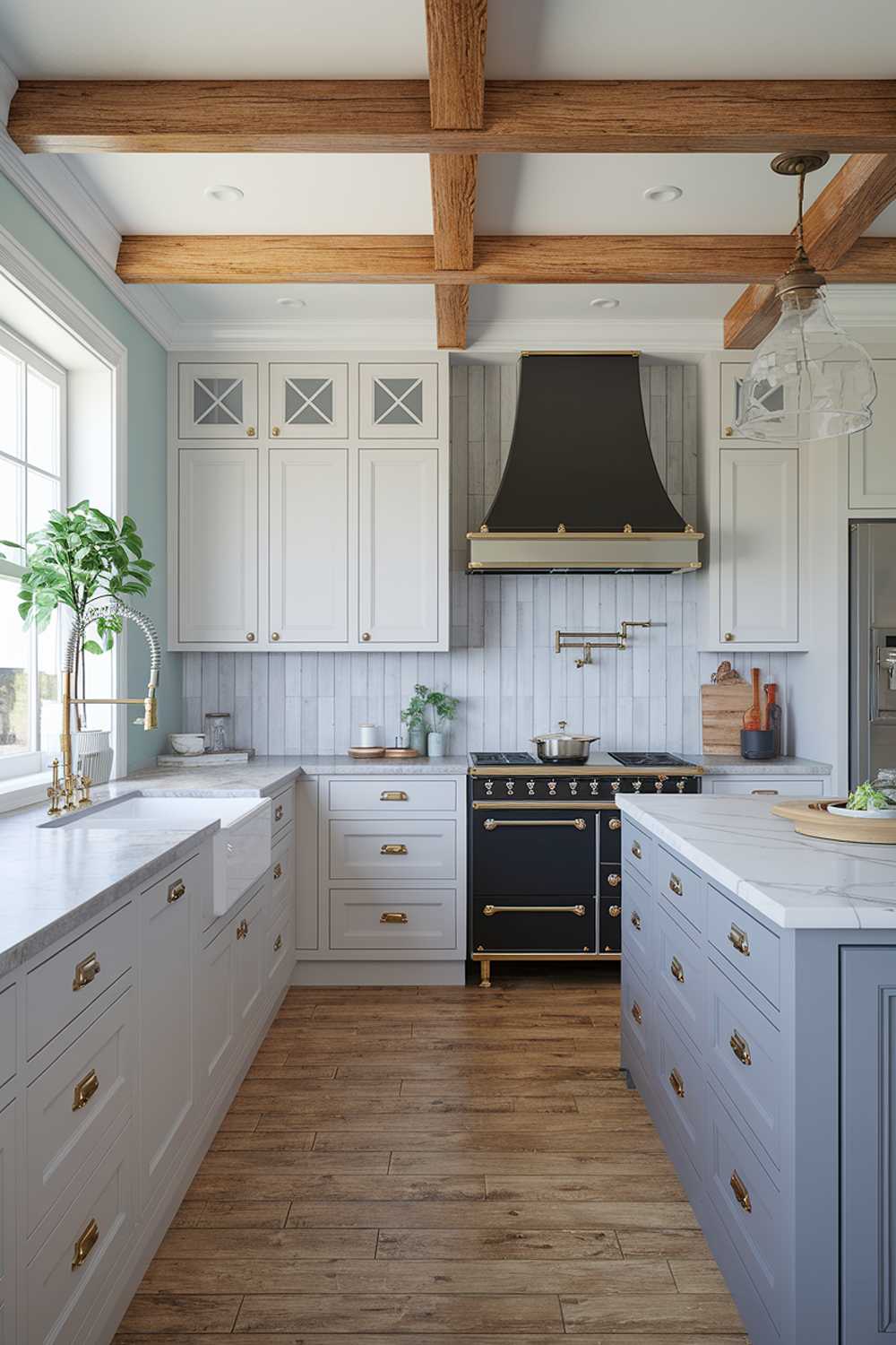 A highly detailed stylish rustic farmhouse kitchen design with a wooden beam ceiling, white cabinets with brass handles, a black range hood, and a gray island with a marble countertop. There's a white farmhouse sink and a brass faucet. The floor is made of wooden planks. There's a potted plant near the window. The walls are painted in a soft blue hue.