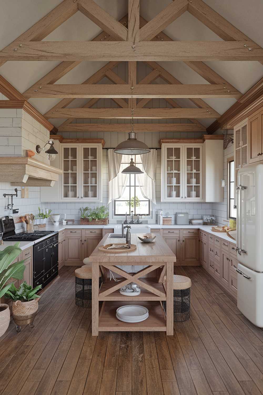 A rustic farmhouse kitchen design. The kitchen has a wooden beam ceiling, a large wooden island in the middle with a sink and seating. There are cabinets in beige and white tones along the walls. The floors are made of wooden planks. There's a black stove, a white refrigerator, and a vintage light fixture. There are potted plants and a basket near the stove. The background contains a window with a curtain.