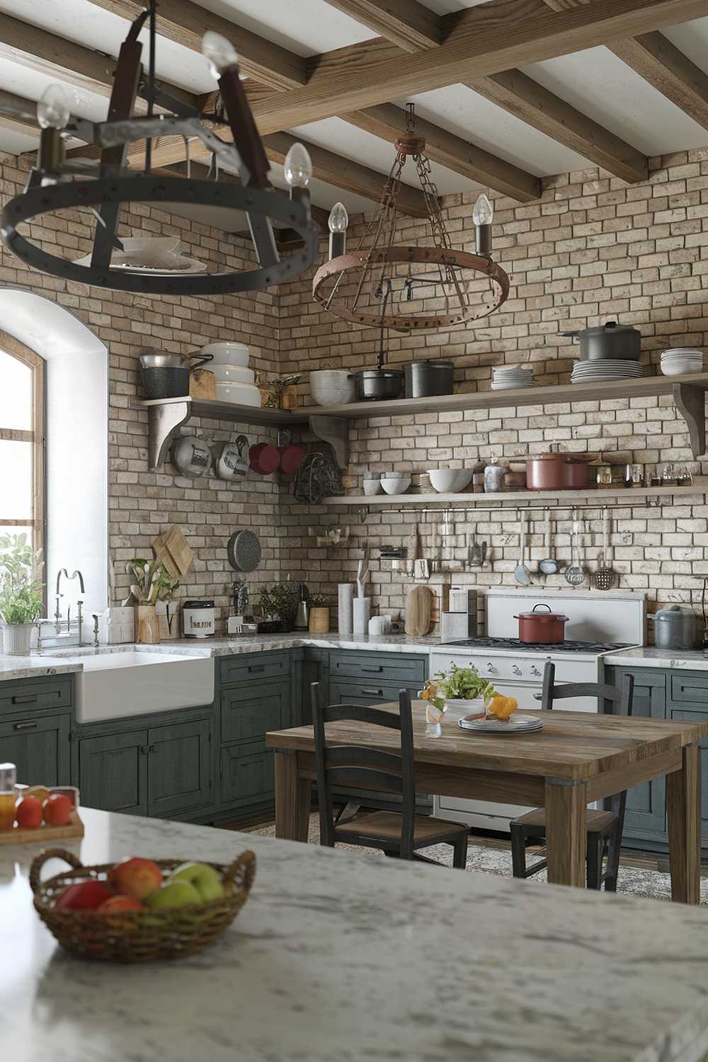 A rustic farmhouse kitchen design. The kitchen has a wooden beam ceiling, exposed brick walls, and a rustic chandelier. There's a wooden table with chairs in the corner. The countertops are made of marble. There are various cooking utensils, pots, and pans hanging above the sink. A basket of fruits is placed on the countertop.