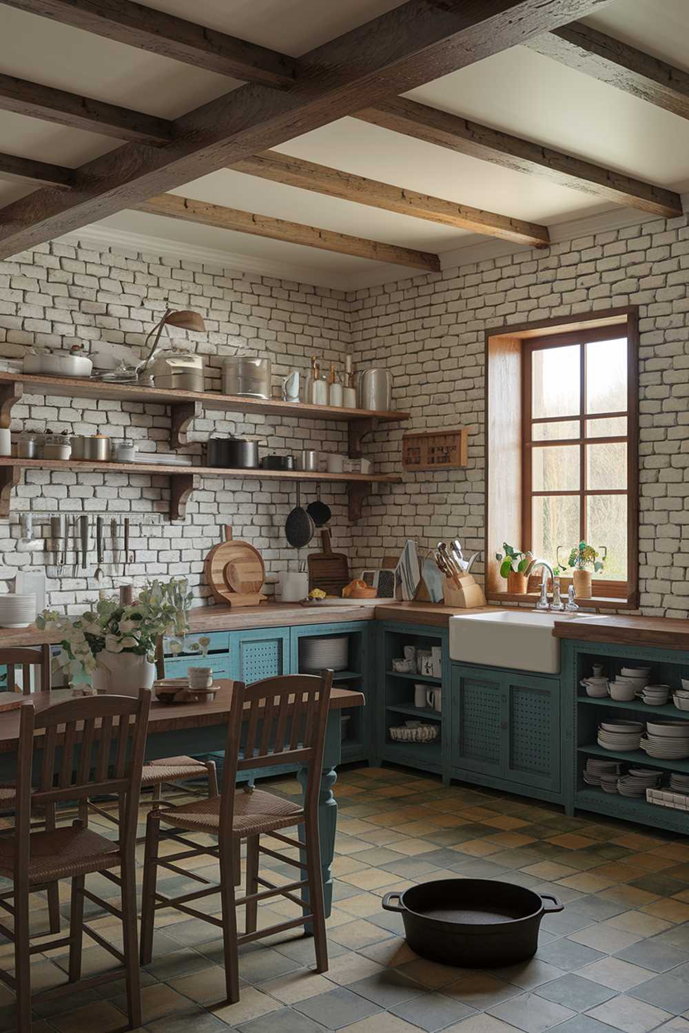 A rustic farmhouse kitchen design. There is a wooden table with chairs in the kitchen. The kitchen has a brick wall with a window. There are wooden shelves with cooking utensils. There is a cast iron pot on the floor. The ceiling has exposed wooden beams.