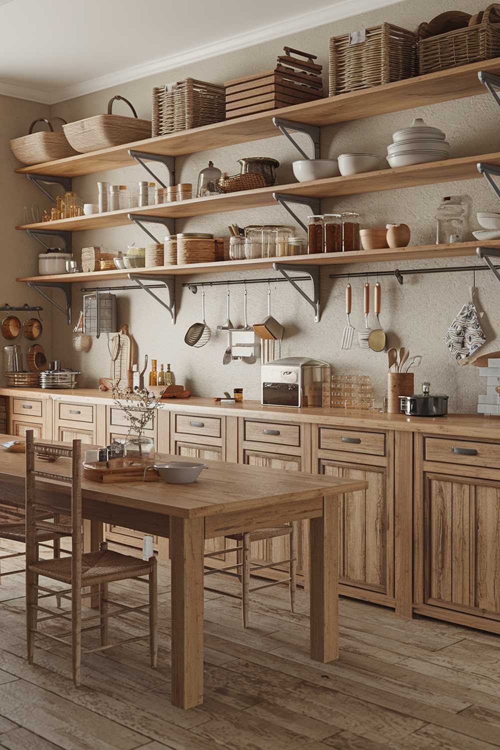 A rustic farmhouse kitchen design. There is a wooden table in the middle of the room with a few chairs. Along the wall, there is a long wooden counter with a variety of cooking utensils. Above the counter, there are shelves filled with jars, baskets, and other items. The floor is made of wooden planks. The overall design is warm and inviting, with a mix of natural materials and textures.