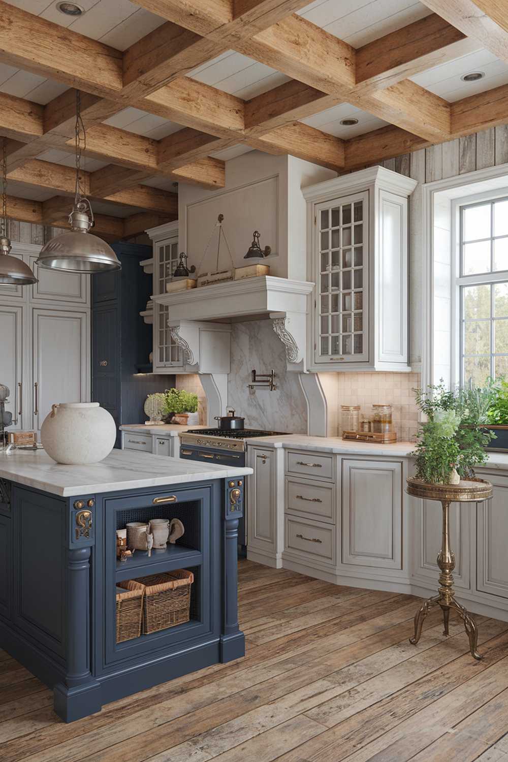 A rustic farmhouse kitchen design. The kitchen has a wooden beam ceiling, white cabinets, and a navy blue island. The island has a marble countertop and features a large, white, round pot. There's a pendant light hanging over the island. The floor is made of weathered wooden planks. There's a vintage, brass, potted plant stand near the window. The window has a small herb garden.