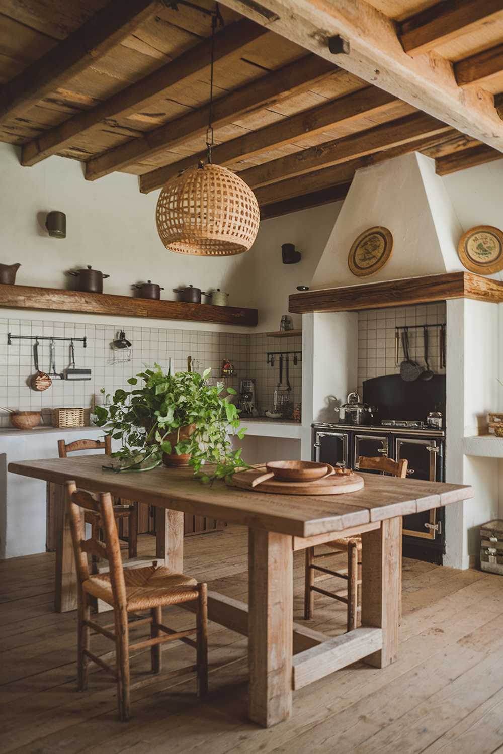 A rustic farmhouse kitchen decor. The kitchen has a wooden beam ceiling, white walls, and a wooden floor. There's a large wooden table in the middle of the room. The table has a few items on it, including a green plant, a wooden bowl, and a few utensils. There are also a few chairs around the table. The room has a few other items, including a wooden shelf with some pots and a lantern, a vintage stove, and a few utensils hanging on the wall. The overall ambiance of the kitchen is warm and inviting.