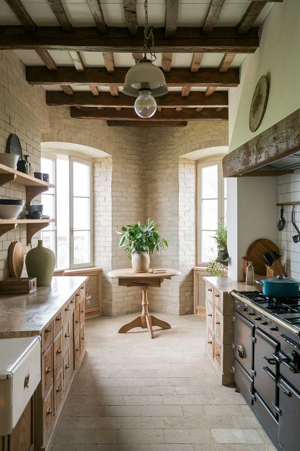 A rustic farmhouse kitchen with a stylish decor. The room has a wooden beam ceiling, exposed brick walls, and a vintage light fixture. There's a wooden table in the corner with a potted plant. The countertops are made of beige marble and have a few items, including a green vase and a wooden box. The floor is made of beige tiles. There's a black stove with pots and pans on it.