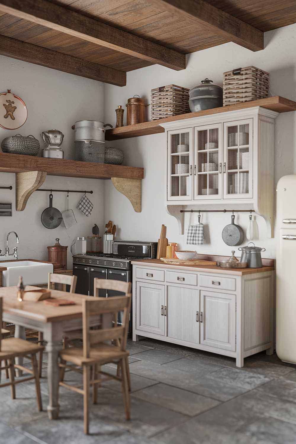 A rustic farmhouse kitchen decor. The kitchen has a wooden beam ceiling, white walls, and a grey floor. There is a wooden table with chairs in the corner. On the wall, there is a white cabinet with glass doors and a few decorative items. Above the cabinet, there is a wooden shelf with pots, baskets, and a lantern. The kitchen has a stove, a refrigerator, and a sink. There are also a few decorative items such as a wooden bucket, a tin can, and a wreath.