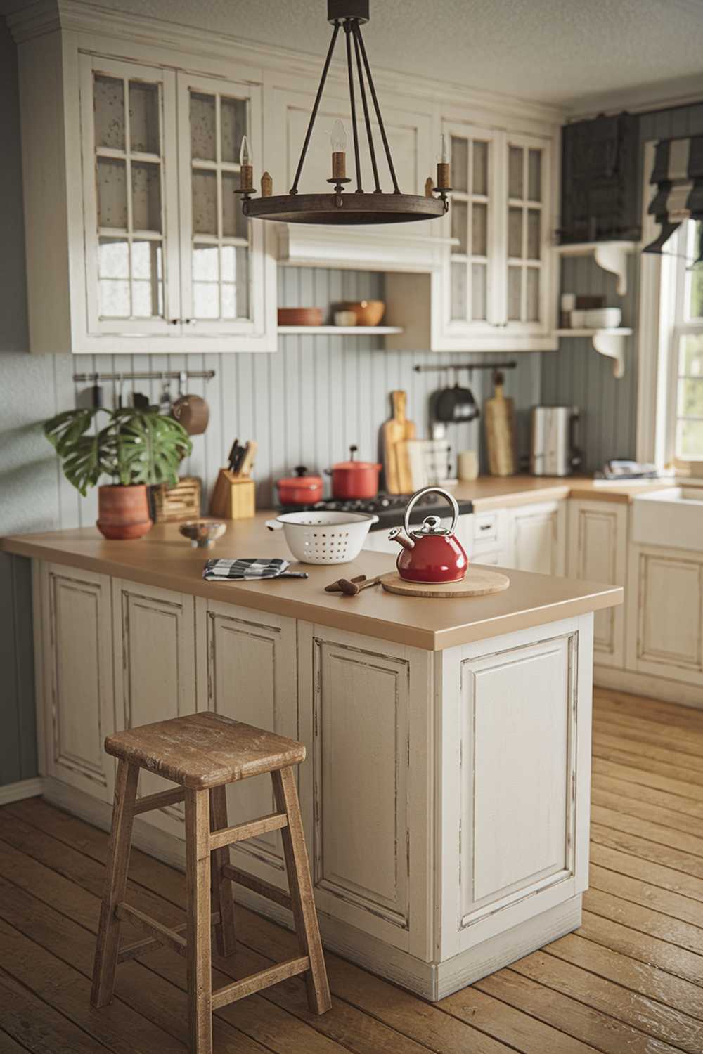 A rustic farmhouse kitchen decor with a beige countertop and white cabinets. There is a vintage wooden stool near the counter. The counter has a few kitchenware items, including a red kettle, a white colander, and a wooden spoon. There is a potted plant on the countertop. The floor is made of wooden planks. The background wall has a few shelves, and there is a black chandelier hanging above the counter.