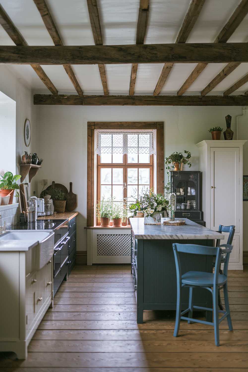 A rustic farmhouse kitchen with a stylish decor. The kitchen has a wooden beam ceiling, white walls, and a dark green island with a marble countertop. There is a white cabinet on one side of the island and a black cabinet on the other side. There is a blue chair near the island. The floor is made of wooden planks. There are potted plants near the window and on the countertop. The window has a wooden frame and a lace curtain.