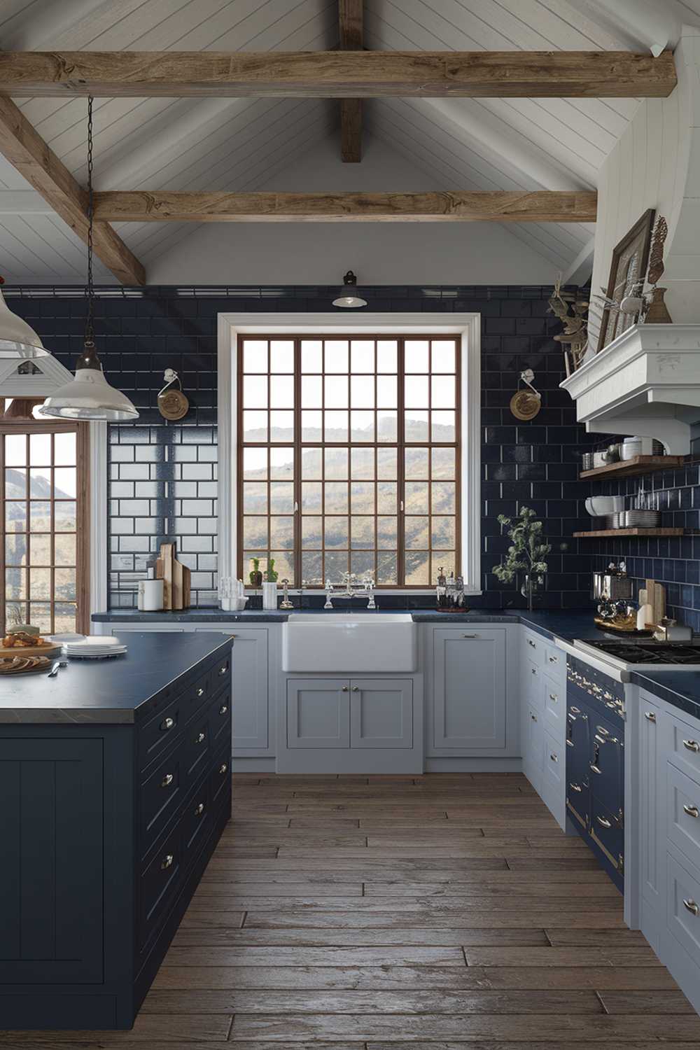 A rustic farmhouse kitchen design with a dark blue colour scheme. The kitchen has a large island with a dark blue countertop and a white sink. There is a white cabinet above the sink, and a dark blue cabinet below the sink. The walls are covered with dark blue tiles. There are wooden beams on the ceiling. There is a large window above the sink with a rustic design. The floor is made of wooden planks.