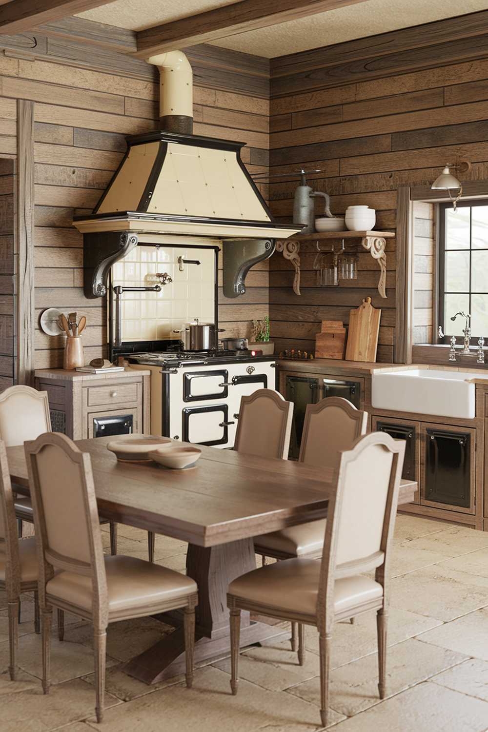 A rustic farmhouse kitchen design. There is a large wooden table in the center of the room with beige chairs around it. The walls are made of wooden planks. There is a vintage stove with a cream background and black details. There is a white sink with a wooden board beside it. There is a shelf above the stove with a few items. The floor is made of beige tiles.