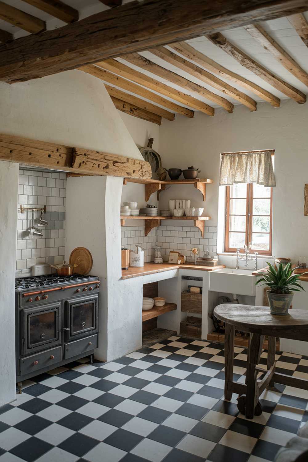 A rustic farmhouse kitchen design. The kitchen has a wooden beam ceiling, white walls, and a black and white checkered floor. There is a wooden table in the corner with a potted plant. The kitchen has a rustic oven, a sink, and shelves with dishes. There is a window with a curtain in the background. The kitchen has a warm and cozy ambiance.