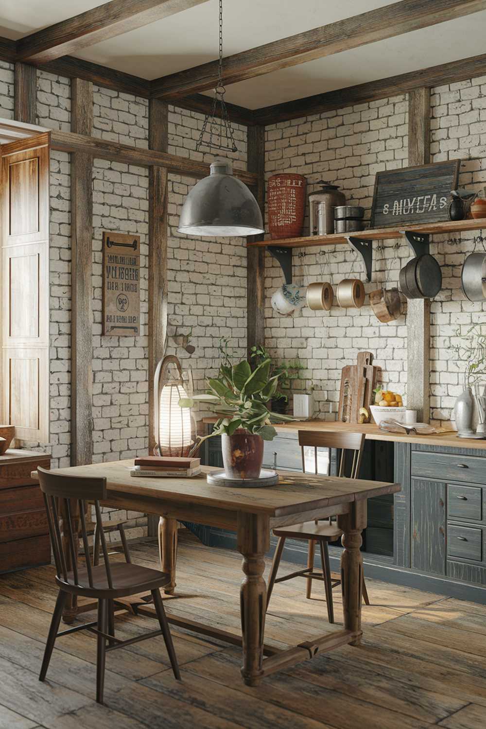 A rustic farmhouse kitchen design. There is a wooden table in the center of the room with a few chairs. On top of the table, there is a vintage lamp, a few books, and a potted plant. The walls have exposed brick and wooden beams. There are hanging pots and a vintage sign. The floor is made of wood.