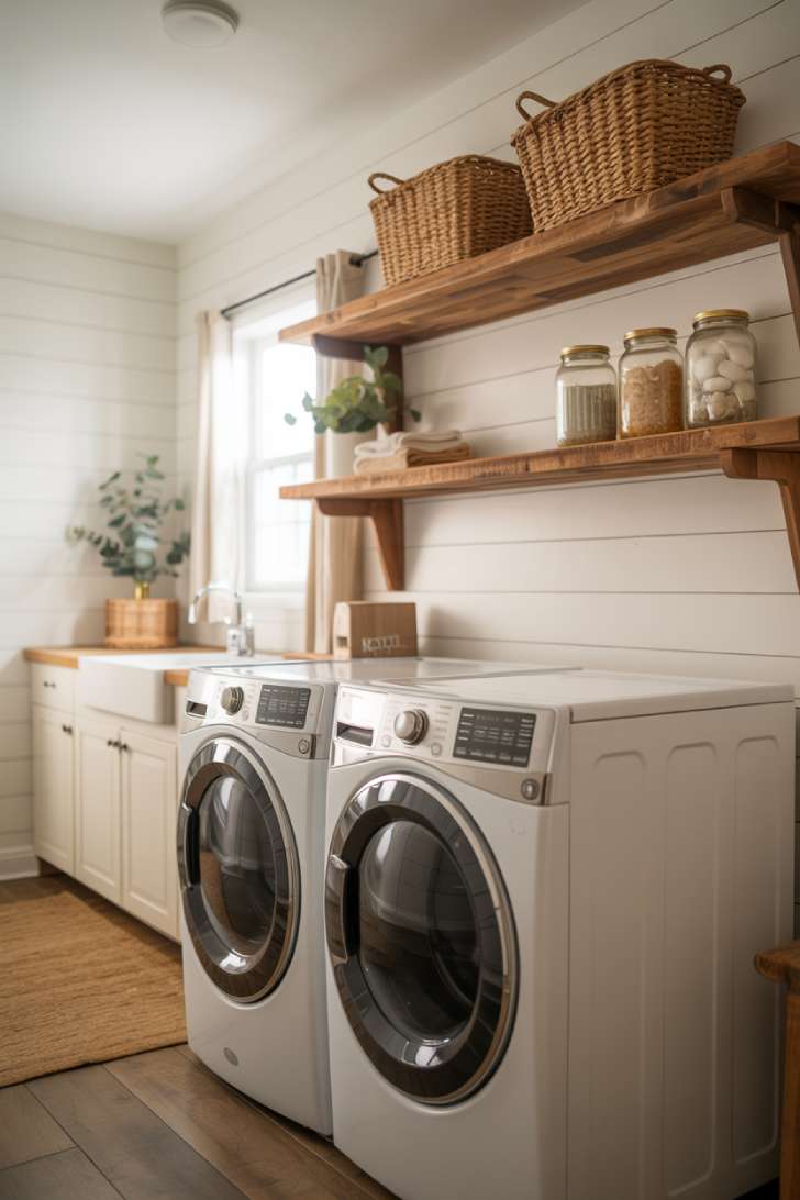 White shiplap laundry room with reclaimed wood floating shelves, woven baskets, and mason jar storage above a washer and dryer