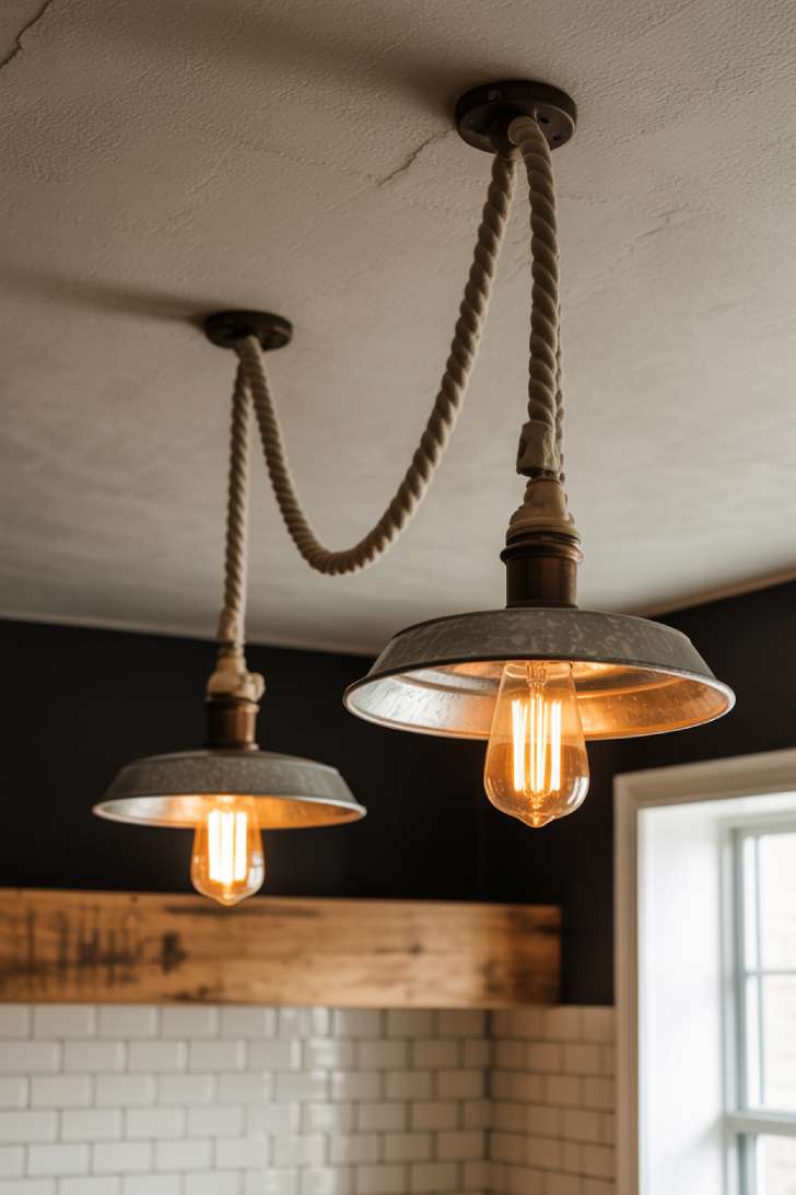 Two galvanized metal industrial pendant lights with Edison bulbs hanging over a reclaimed wood countertop in a farmhouse laundry room