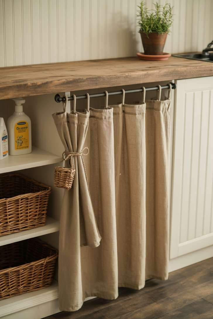 Natural linen curtain skirt on a black iron rod beneath a reclaimed wood countertop concealing laundry storage in a farmhouse room
