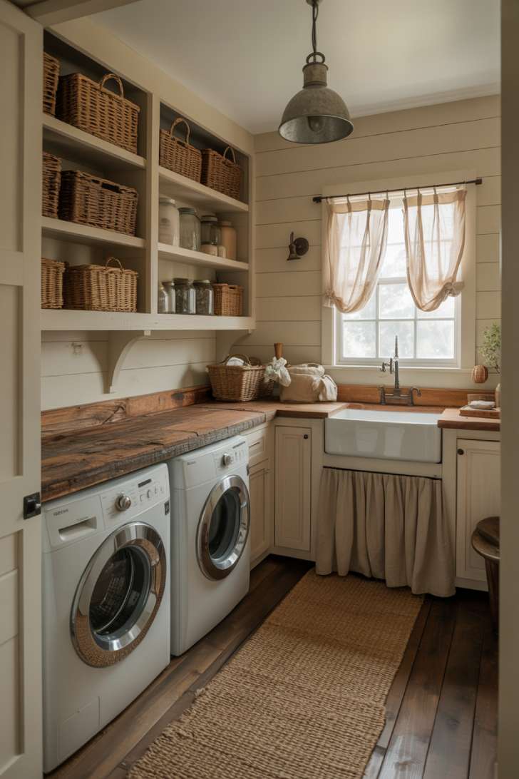 Complete rustic farmhouse laundry room with shiplap walls, reclaimed wood countertop, apron-front sink, open shelving, woven baskets, and galvanized pendant lighting