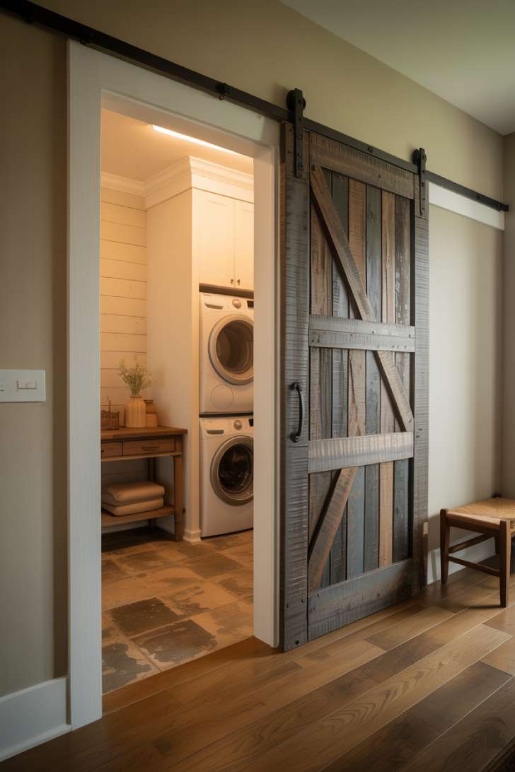 Weathered gray sliding barn door on black iron hardware revealing a rustic farmhouse laundry room