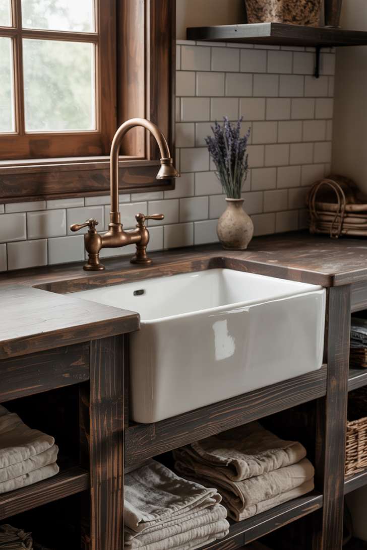 Deep white apron-front farmhouse sink on a reclaimed wood vanity with antique bronze faucet and white subway tile backsplash