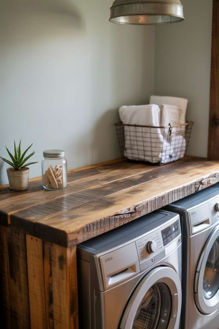 Thick reclaimed barnwood countertop over a washer and dryer with wire basket, clothespins jar, and galvanized pendant light