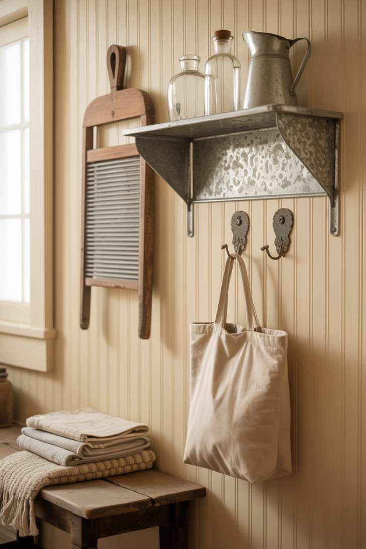 Antique washboard and galvanized metal shelf with vintage enamelware on a creamy white beadboard wall