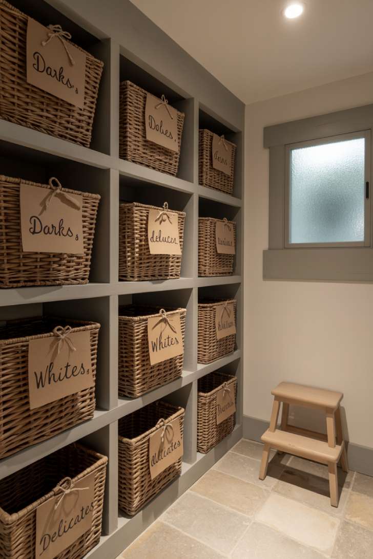 Built-in white shelving unit with labeled woven seagrass baskets for laundry sorting in a rustic farmhouse room